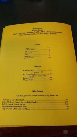 menu as of 2-17 at Handy Diner in Denver
