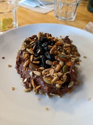 Chocolate mousse with seed brittle and cherries at Cafe Van Gogh in South West London