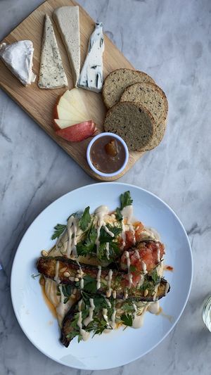 Vegan cheeseboard and grilled courgette   at Cafe Van Gogh in South West London