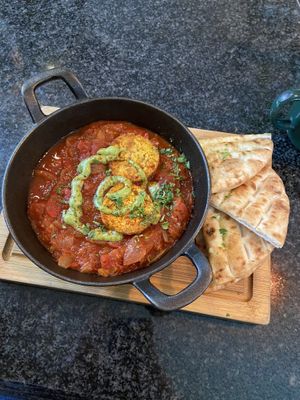 Vegan shakshuka and garlic bread  at Cafe Van Gogh in South West London