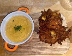Soup and veg pakora   at Cafe Van Gogh in South West London