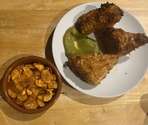 Beans and croquettes with jalapeño sauce   at Cafe Van Gogh in South West London