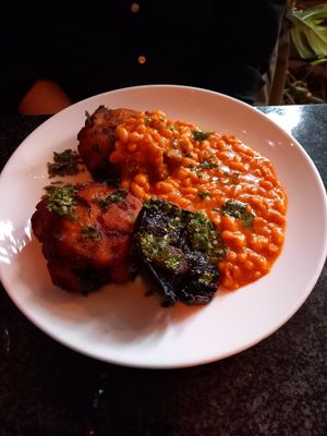 Bubble and squeak with beans, mushroom and green pesto at Cafe Van Gogh in South West London