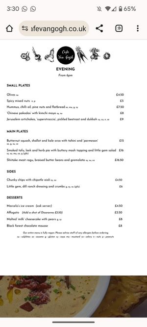 Menu as of February 2024 at Cafe Van Gogh in South West London