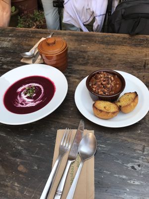 Chilled beet and dill soup / chilli & corn bread  at Cafe Van Gogh in South West London