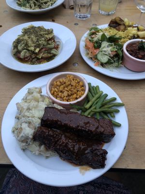 bbq seitan ribs w/potato salad, jerk plantain w/rice & beans, and raw lasagne  at Cafe Van Gogh in South West London
