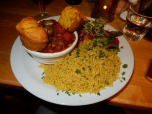 Chili with cornbread, rice and salad. at Cafe Van Gogh in South West London