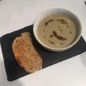 Soup of the day - Artichoke & cumin with sourdough bread at The Juice Smith in Cobham
