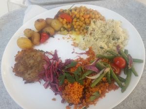 An assortment of nearly all of the vegan options on offer that day! at Lepione in Wroclaw