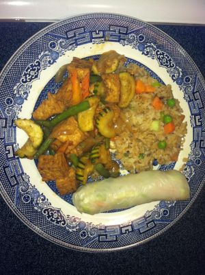 Some leftovers @ home from Bangkok Spice: Pad Prik King (NO fish sauce) with Fried Tofu. Fried Rice (NO egg). Spring Roll (NO shrimp) add Fried Tofu.  at Bangkok Spice in West Monroe