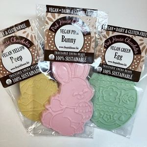 Vegan colored Easter novelties

-Gluten and soy-free  at Pink House Chocolates in Finleyville