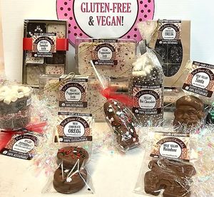 Vegan "Milk," Dark and White Chocolate Christmas Treats

-All are gluten-free and 'milk' and white are soy-free, also at Pink House Chocolates in Finleyville