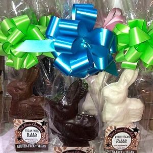 Vegan "Milk," Dark and White Chocolate Easter Rabbits

-All are gluten-free and 'milk' and white are soy-free, also at Pink House Chocolates in Finleyville