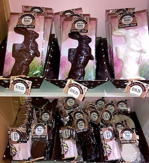 Vegan "Milk," Dark and White Chocolate Easter Treats

-All are gluten-free and 'milk' and white are soy-free, also at Pink House Chocolates in Finleyville