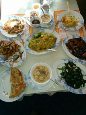 Vegan deliciousness. Minus the dumplings that we are already.  at China Chef in Cotati