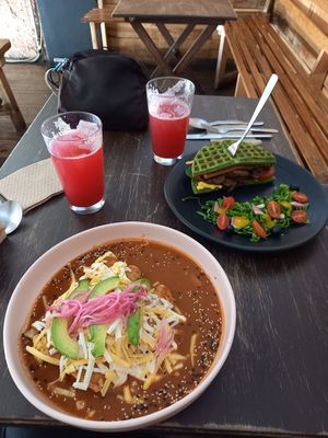 Enjrijoladas and Waffle Burger Chewbacca with limonada fresca at Vegamo Centro in Mexico City