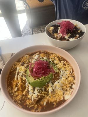 top: chilaquiles     bottom: enfrijoladas  at Vegamo Centro in Mexico City