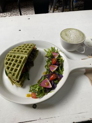 Matcha and savoury waffle  at Vegamo Centro in Mexico City