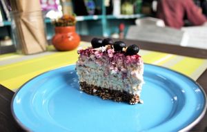 Vegan red berry cheesecake at Vegamo Centro in Mexico City