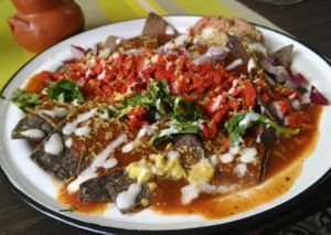 Vegan chilequiles at Vegamo Centro in Mexico City