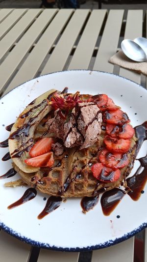 Waffle con chocolate at Vegamo Centro in Mexico City