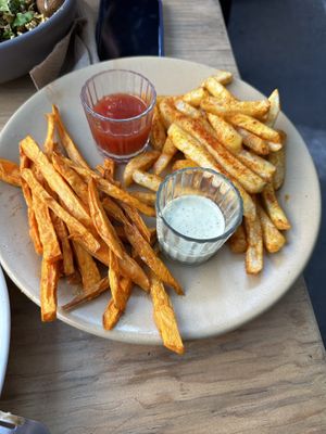 French fries and sweet potato fries   at Vegamo Centro in Mexico City