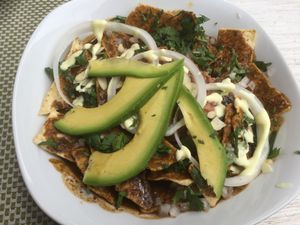 Special of the day: chilaquiles with mole sauce at Vegamo Centro in Mexico City