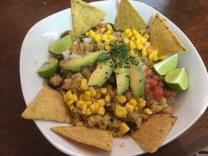 Burrito protein bowl at Vegamo Centro in Mexico City