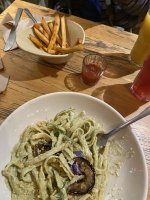 Creamy pasta and fries  at Vegamo Centro in Mexico City