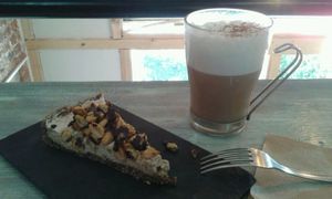 raw banana/choco/peanut cake and ";dirty chai"; (with coffee) at Vegamo Centro in Mexico City