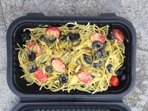 Pesto pasta to go.  at Vegamo Centro in Mexico City