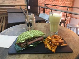 Waffle Sandwich Chewbacca with sweet potatoe fries and fitness smoothie at Vegamo Centro in Mexico City