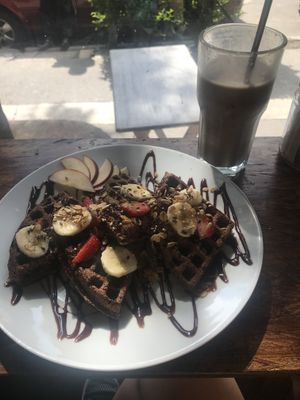 Gluten free waffles at Vegamo Centro in Mexico City