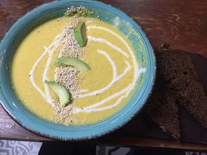 Corn cashew cream gazpacho with bread at Vegamo Centro in Mexico City