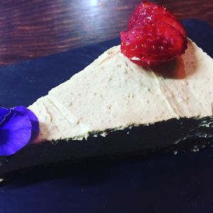 Mango cashew cream cheesecake at Vegamo Centro in Mexico City