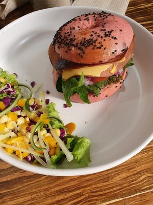 Bacon and cheese bagel at Vegamo Centro in Mexico City