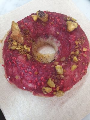 Raspberry doughnut at Vegamo Centro in Mexico City