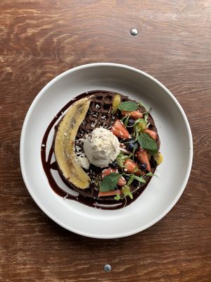 Chocowaffle with vegan vanilla-chocolate chip ice cream  at Vegamo Centro in Mexico City