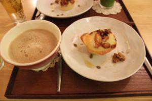 Apple cake and cereal coffee at Babel Cafe. at Babel Cafe in Osaka