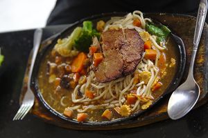 Mock meat on noodles at Vitking House II in Siem Reap