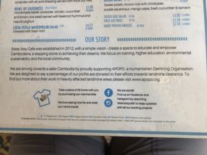 Bottom of menu at Sister Srey Cafe in Siem Reap