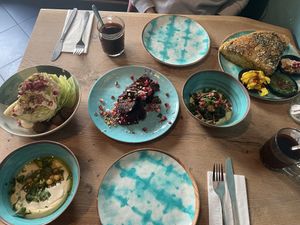 Amazing variety of starters for brunchh  at Kanaan in Berlin