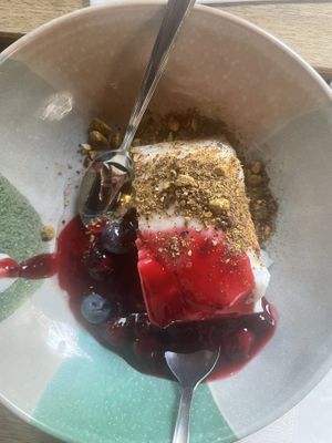  Coconut pudding with cherry sauce and pistachio    at Kanaan in Berlin
