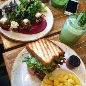 Yogi plate and GF vegan burger  at Speedo's Cafe in Bondi Beach