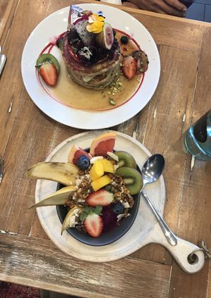 Pancakes & pitaya bowl  at Speedo's Cafe in Bondi Beach