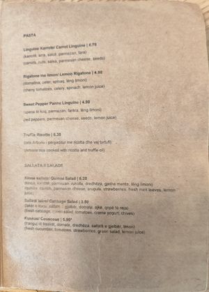 Pasta an Salads Menu: Dishes with * can be made vegan at Dit e Nat in Pristina