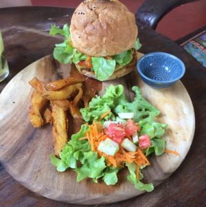 Soy Protein Burger at Plernpai Vegetarian Cafe in Mae Hong Son