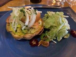 The corn filled pastry tart. The softly cooked onions were delicious   at La Marmita in Punta Arenas