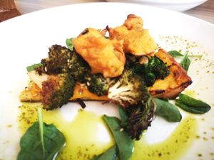 Savoury Tart (pumpkin puree, tempura jackfruit, brocollini, roasted broccoli) at Pearth Organic Kitchen in West Leederville
