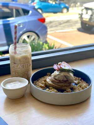 Apple strudel pancakes with cashew cheeze, iced caramel latte and coconut yoghurtt  at Pearth Organic Kitchen in West Leederville